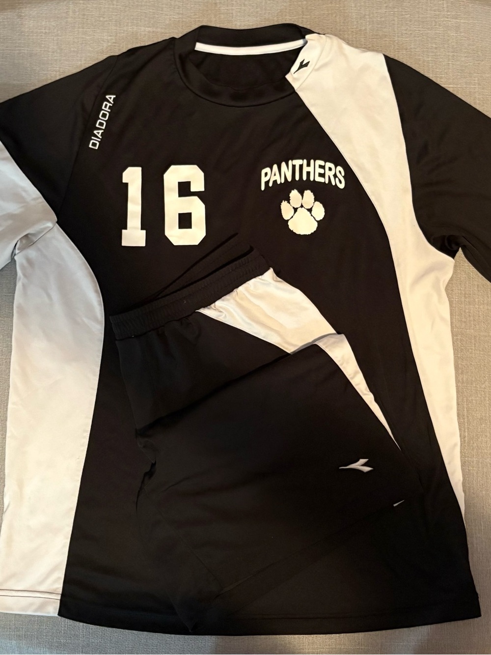 Diadora Black & White Panthers #16 Soccer Jersey Set& White Socks